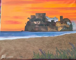 Cuadro óleo original paisaje playa atardecer