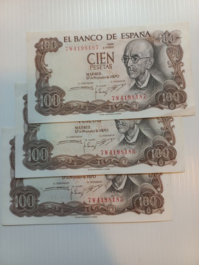 3 Billetes CORRELATIVOS 100 PTAS España 1970 FALLA