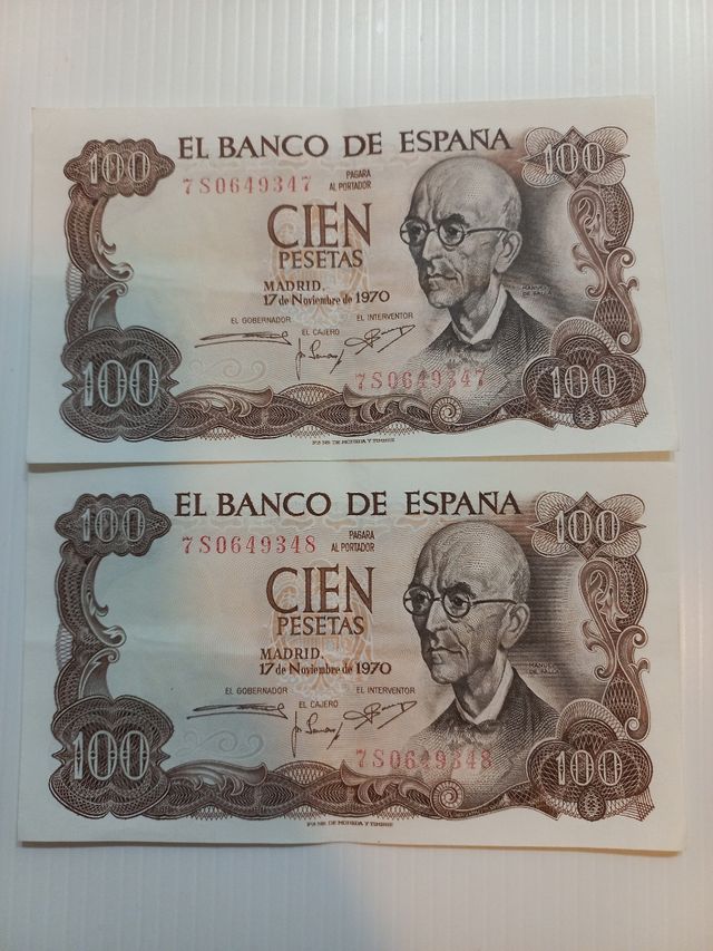 2 Billetes CORRELATIVOS 100 Ptas España 1970 FALLA