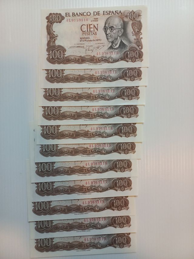 11 Billetes CORRELATIVOS 100ptas España 1970 FALLA