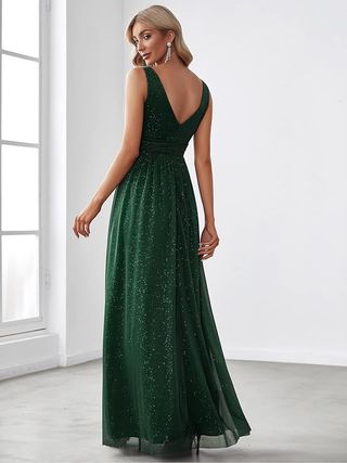 Vestido de Noche Cuello en V Sin Mangas Talla 48