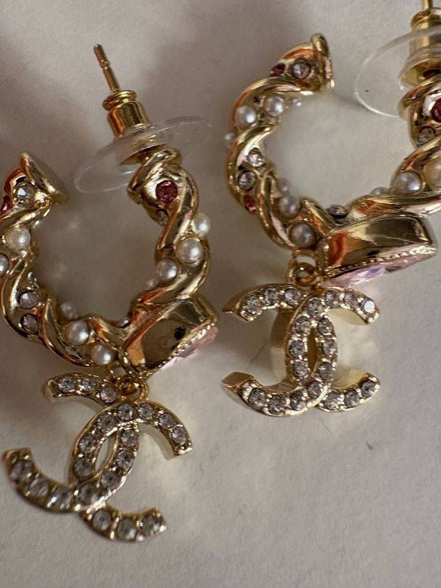 Pendientes Chanel Aro con Diamantes Rosa y Dorado