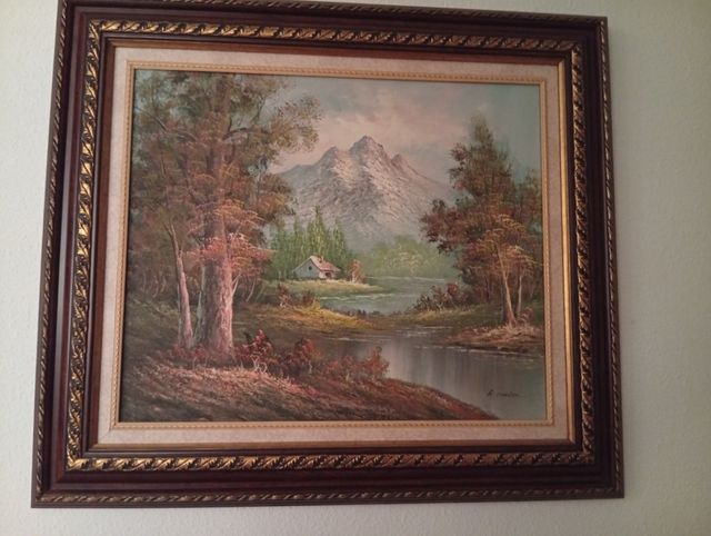 Cuadro paisaje montaña casa río