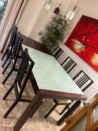 Mesa comedor extensible + 6 sillas cristal y mader