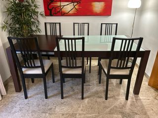 Mesa comedor extensible + 6 sillas cristal y mader