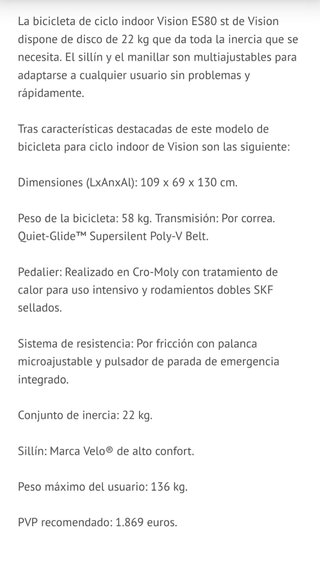 Bicicleta Spinning Vision ES80 st PRO
