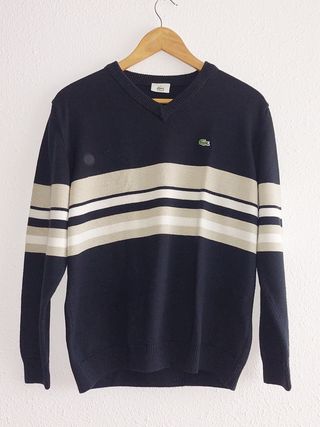 Jersey Lacoste V-Neck Rayas Beige Negro