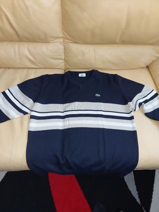 Jersey Lacoste V-Neck Rayas Beige Negro