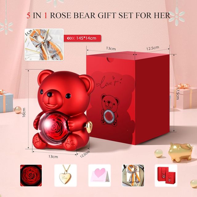 Osito Rosa Eterna con Collar Corazón Dorado