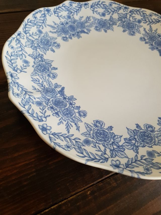Plato llano gres rosas azul
