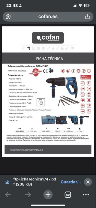 Taladro martillo percutor 1050W Cofan Sin Usar