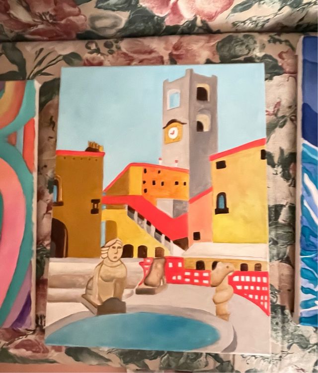 Quadro con elementi rossi e gialli