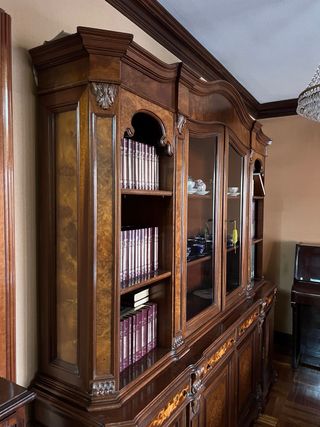 Mueble de madera con vitrina y libros
