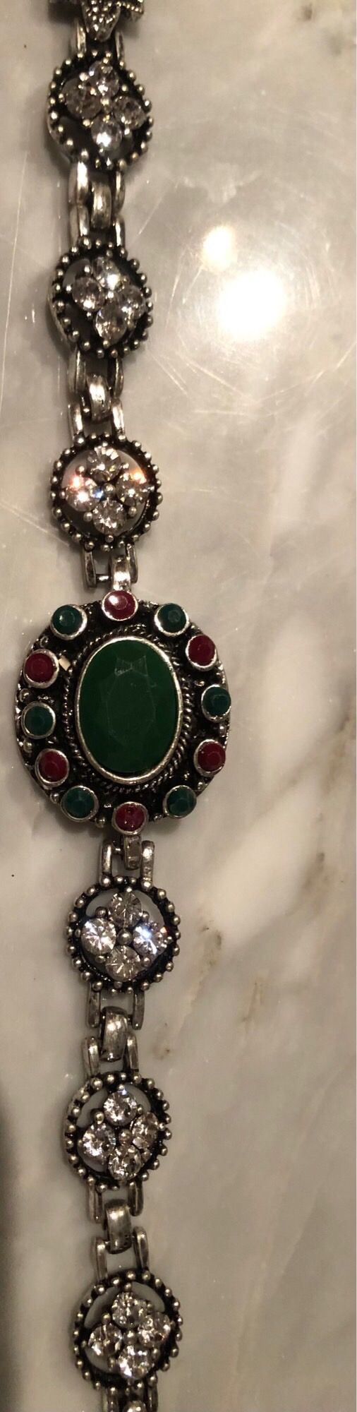Pulsera Plata con Diamantes y Piedra Verde