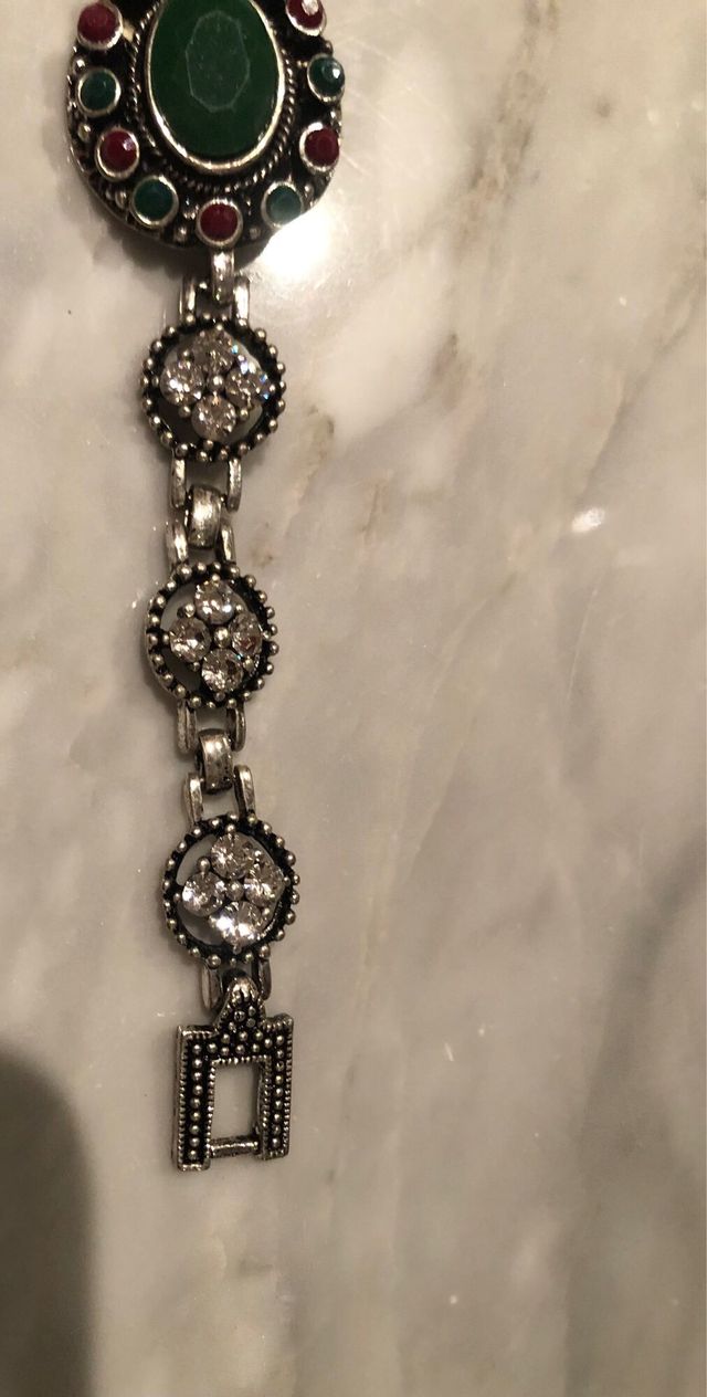 Pulsera Plata con Diamantes y Piedra Verde