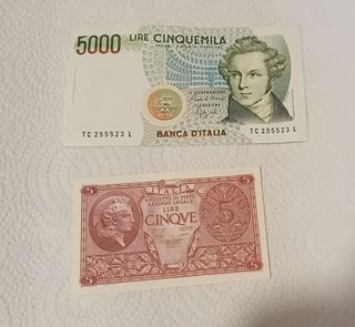 Coppia Banconote Lire 5.000 e 5 Lire