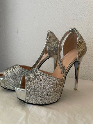 Tacones Plataforma Brillantes Plateados
