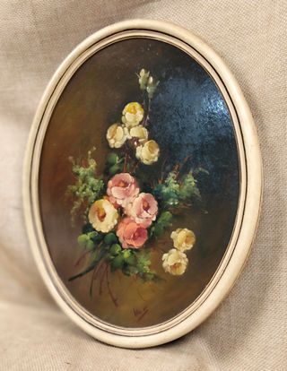 Antiguo cuadro óleo sobre tablero oval
