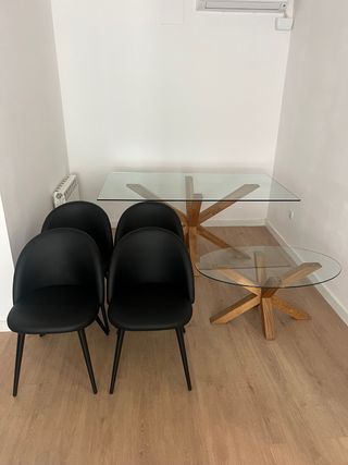 Pack mesas cristal comedor + 4 sillas negras
