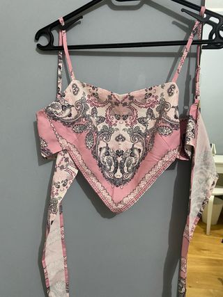 Top Shein Rosa Estampado Espalda Atada con Pañuelo