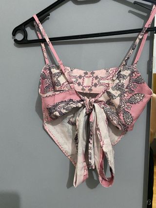 Top Shein Rosa Estampado Espalda Atada con Pañuelo