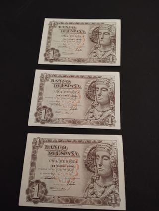 3 Billetes 1 Peseta España Antiguos