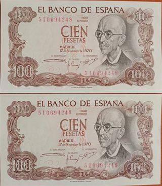 Pareja de billetes 100 pesetas consecutivos