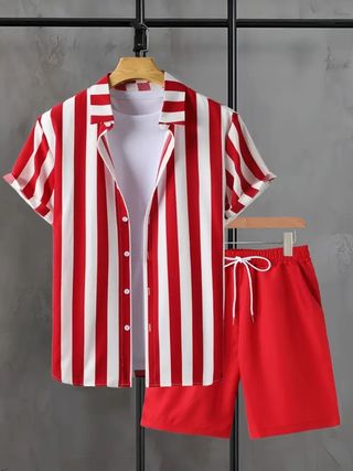 Conjunto Camisa Rayas y Shorts Rojo