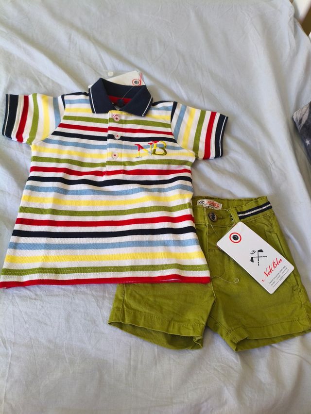 Polo rayas y pantalón corto verde bebé 6 meses