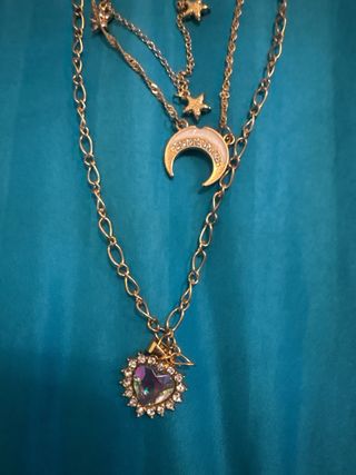Collana 3 strati oro stelle luna cuore