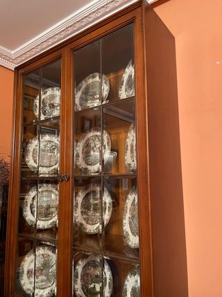 Vitrina de madera y cristal con platos decorativos