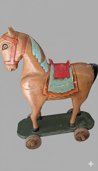 Caballo de madera y escayola con ruedas