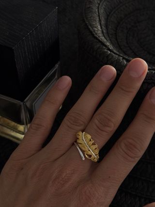 Anillo Pluma Plata 925 Baño Oro Ajustable