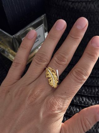 Anillo Pluma Plata 925 Baño Oro Ajustable