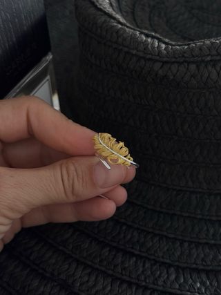 Anillo Pluma Plata 925 Baño Oro Ajustable