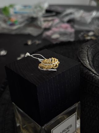 Anillo Pluma Plata 925 Baño Oro Ajustable