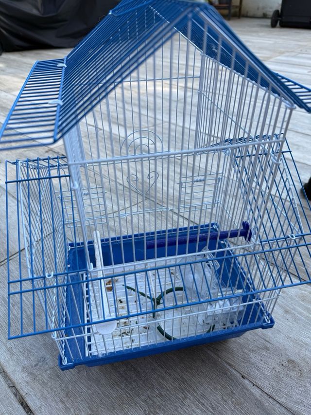 Jaula para pájaros azul y blanca