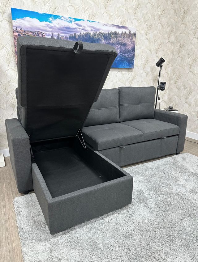 Sofá Cama Chaislongue Gris con Arcón