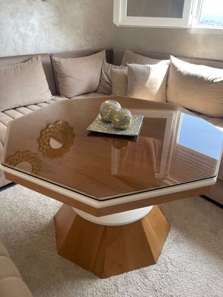 Mesa de centro octogonal madera y cristal