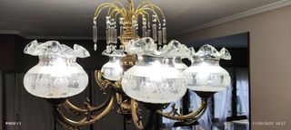 Lámpara de techo vintage dorada y cristal