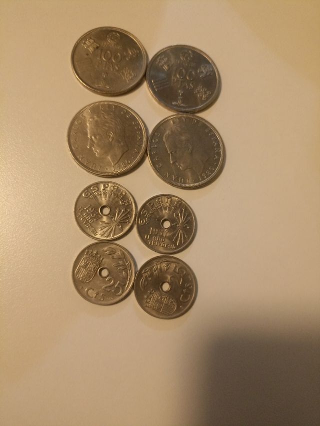 Lote monedas españolas  4 de100 pesetas 4 de 25 ct