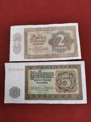 2 Billetes Alemanes 2 y 5 Deutsche Mark