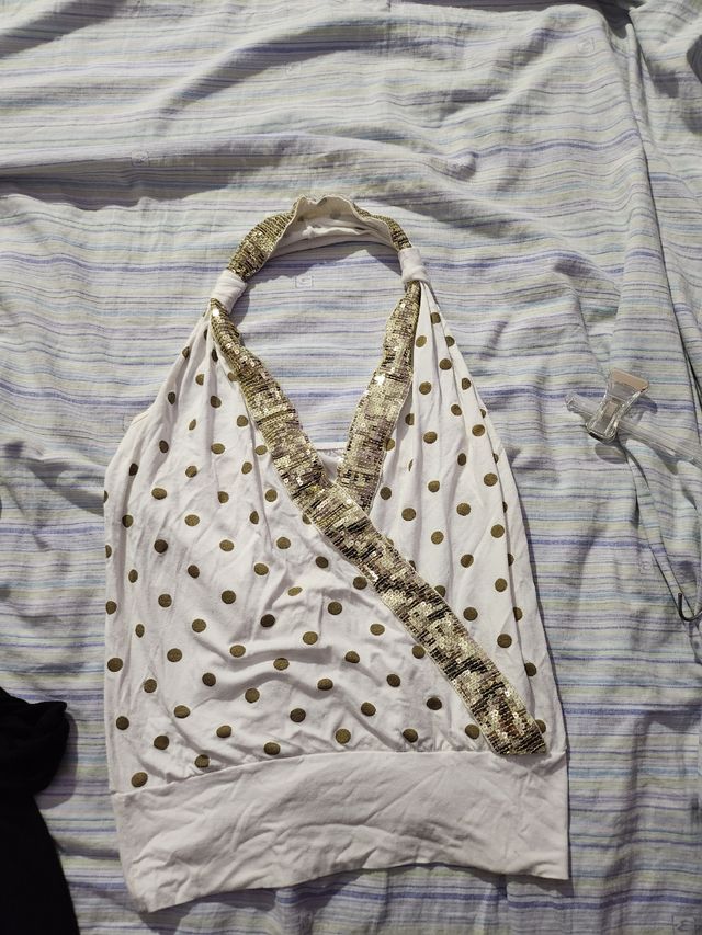 Top donna bianco con pois oro e paillettes