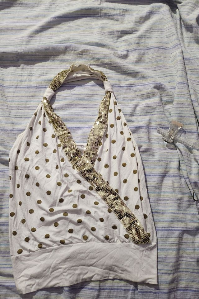 Top donna bianco con pois oro e paillettes