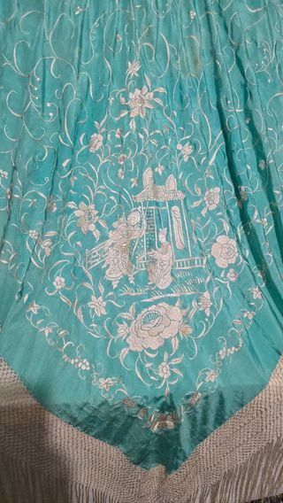 Manton de Manila Isabelino azul turquesa y blanco