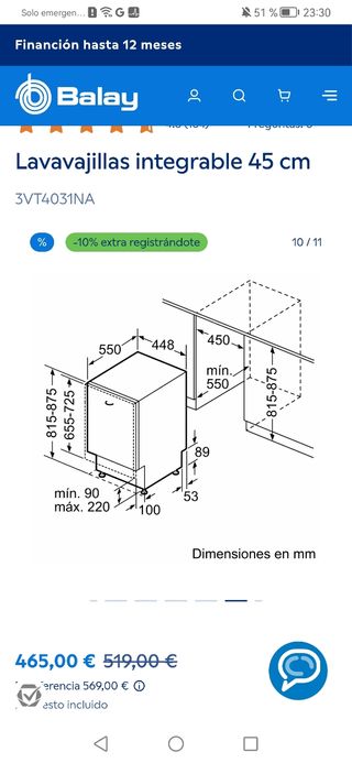 Lavavajillas integrable Balay 45cm