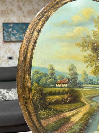 Dipinto paesaggio con fiume e casa