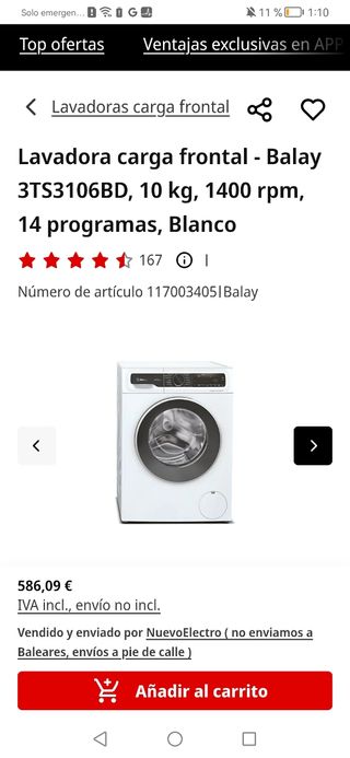 Lavadora Balay 10kg 1400rpm Blanco