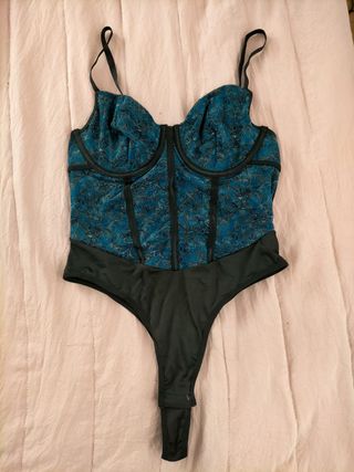 Body/Corsé Floral Negro y Turquesa