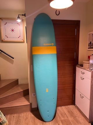 Tabla de surf longboard OLAIAN azul y amarilla